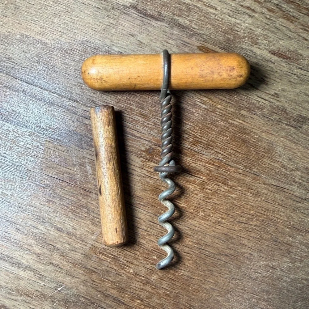 Antique Primitive Wooden T Handle Corkscrew with Sheath Twisted Wire Steel Worm
